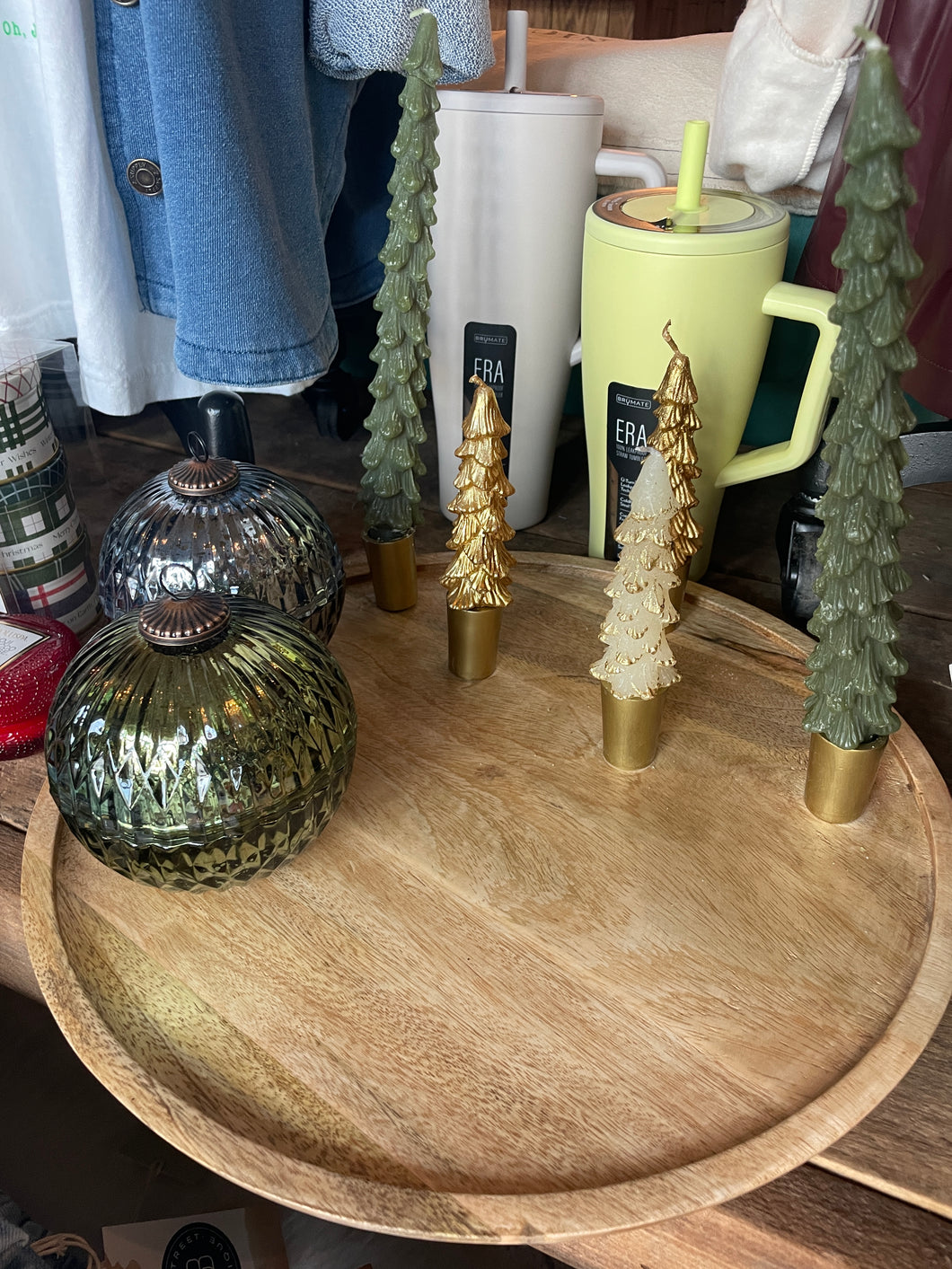 15 1/2” Round Mango Wood and Aluminum Tray Advent Taper Holder in Gold