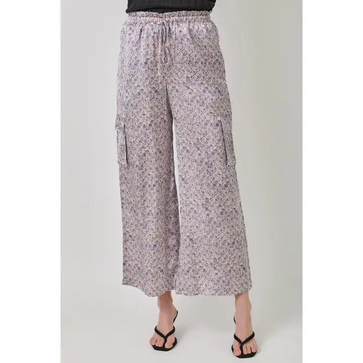 Satin Printed Wide Leg Cargo Pant