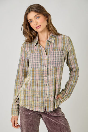 Fringe Bottom Detail Washed Plaid