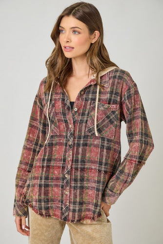 Washed Plaid Hoodie Jacket