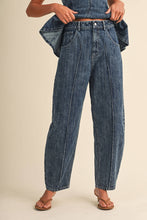 STRIPED DENIM SLEEVELESS PEPLUM TOP AND BARREL SET
