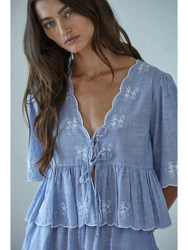 Woven Cotton Striped Front Tie Peplum Top
