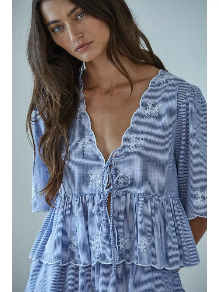Woven Cotton Striped Front Tie Peplum Top