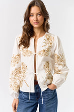 Floral Embroidered Front Tie Top with Puff Sleeves