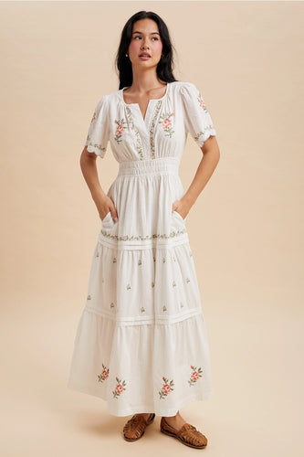 Swiss Dot Floral Embroidered Maxi Dress