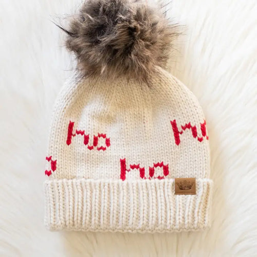Beige and Red Ho Ho Ho Pom Hat