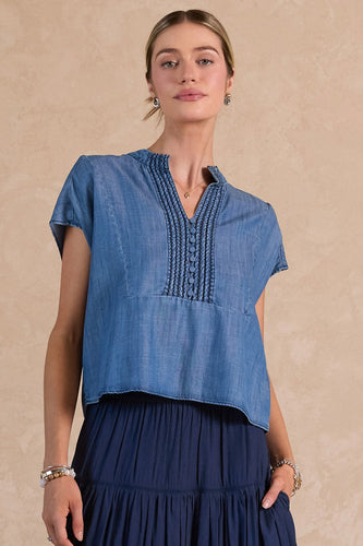 Chambray Boxy Top with V-Neck