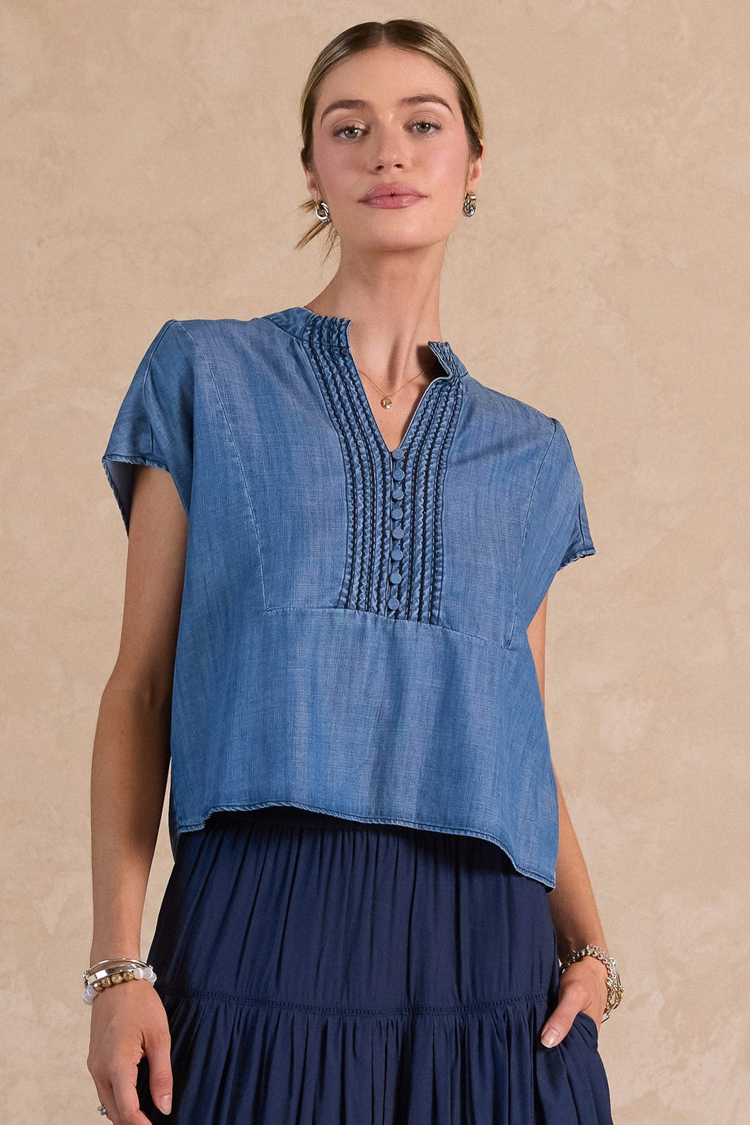 Chambray Boxy Top with V-Neck