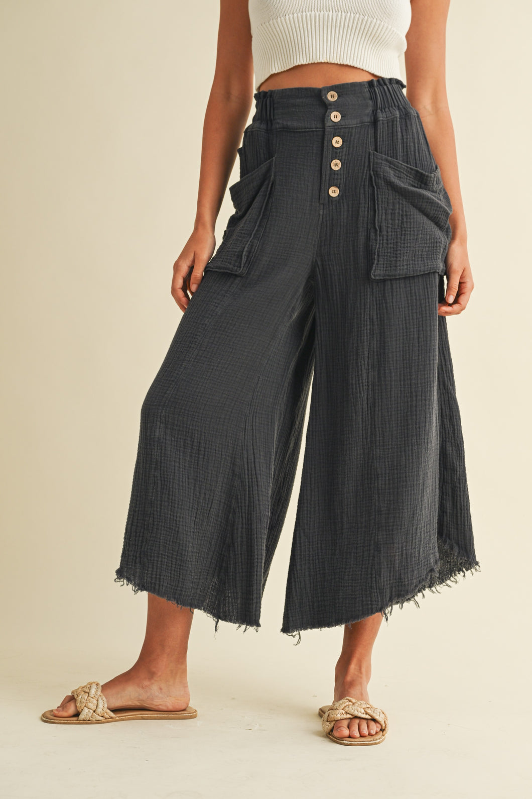 Mineral Washed Fray Hem Linen Cotton Blended Wide Leg Pants