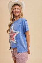 Mineral Wash Striped Star Lace Patch Knit Top