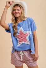 Mineral Wash Striped Star Lace Patch Knit Top