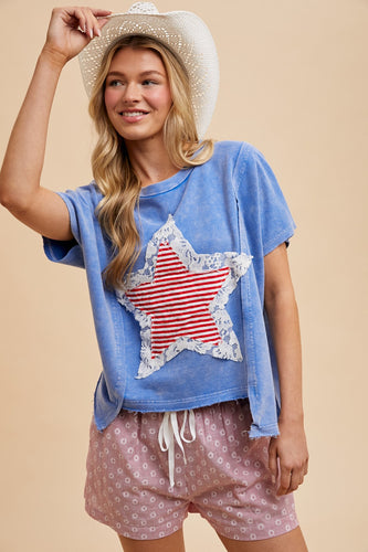 Mineral Wash Striped Star Lace Patch Knit Top