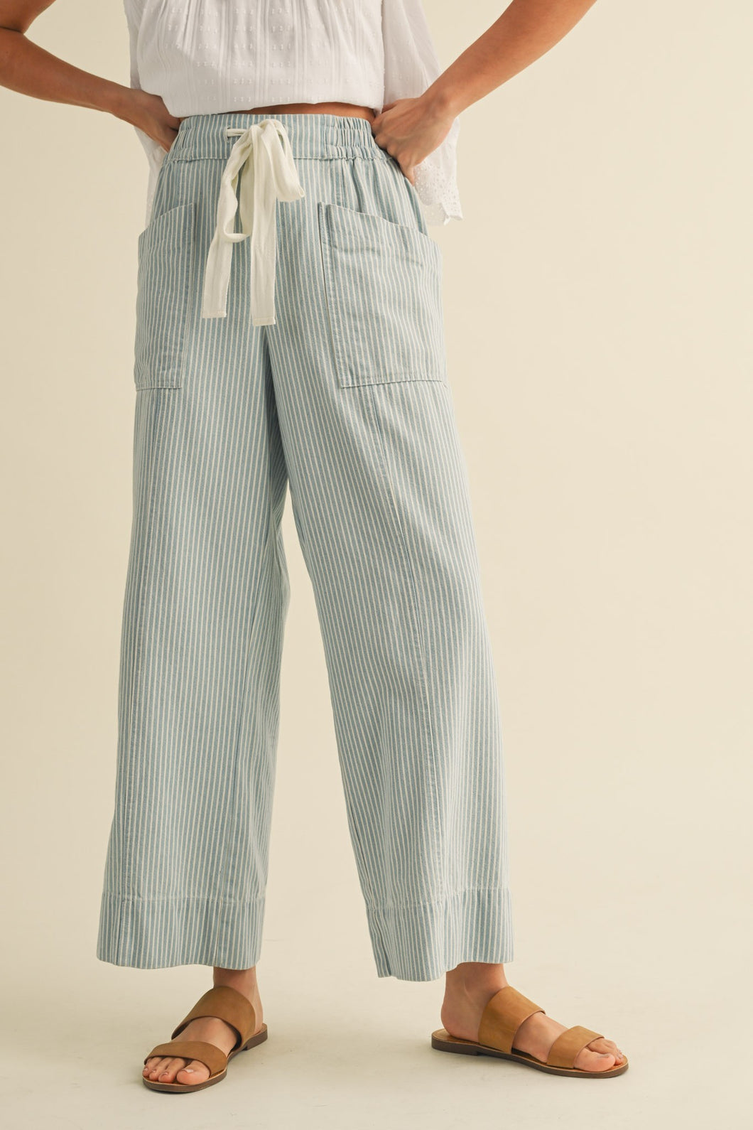 Light Blue Striped Wide Leg Drawstring Pants