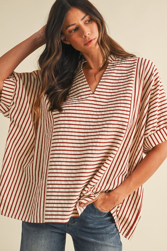 Stripe Ruffle Neck Blouse