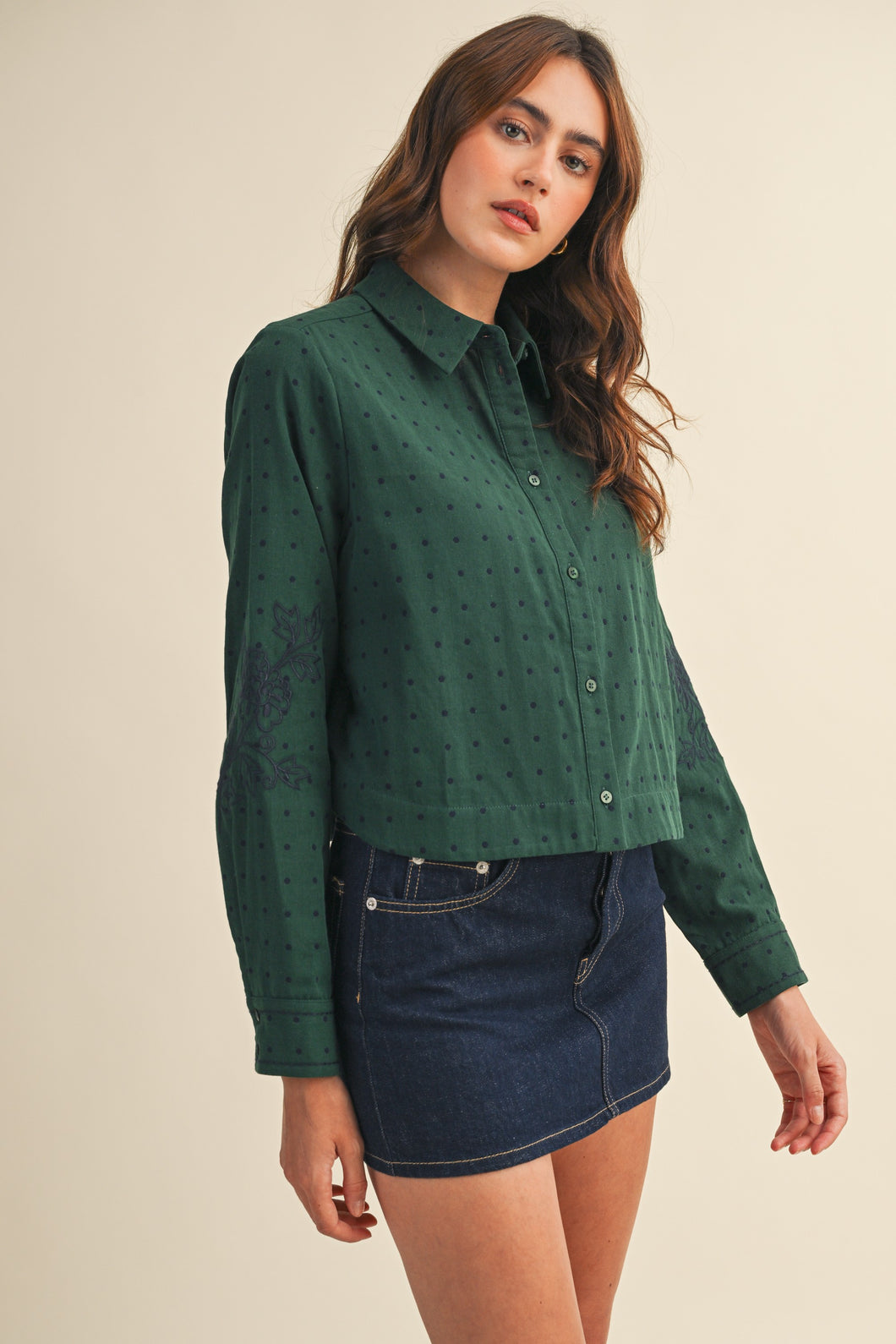 Polka Dot Floral Embroidery Button Up Top