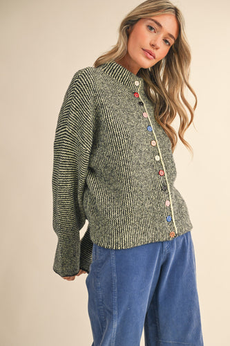 Striped Sweater Cardigan with Colorful Buttons in Black Lime