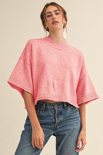 Marled Knit Mock Neck Short Sleeve Sweater