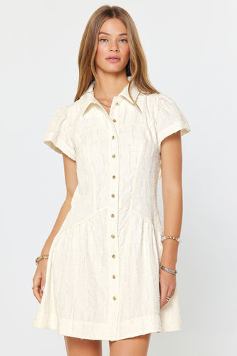 Textured Detail Short Sleeved button Down Mini Dress