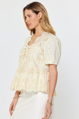 Eyelet Embroidered Scalloped Neck Tie Front Top