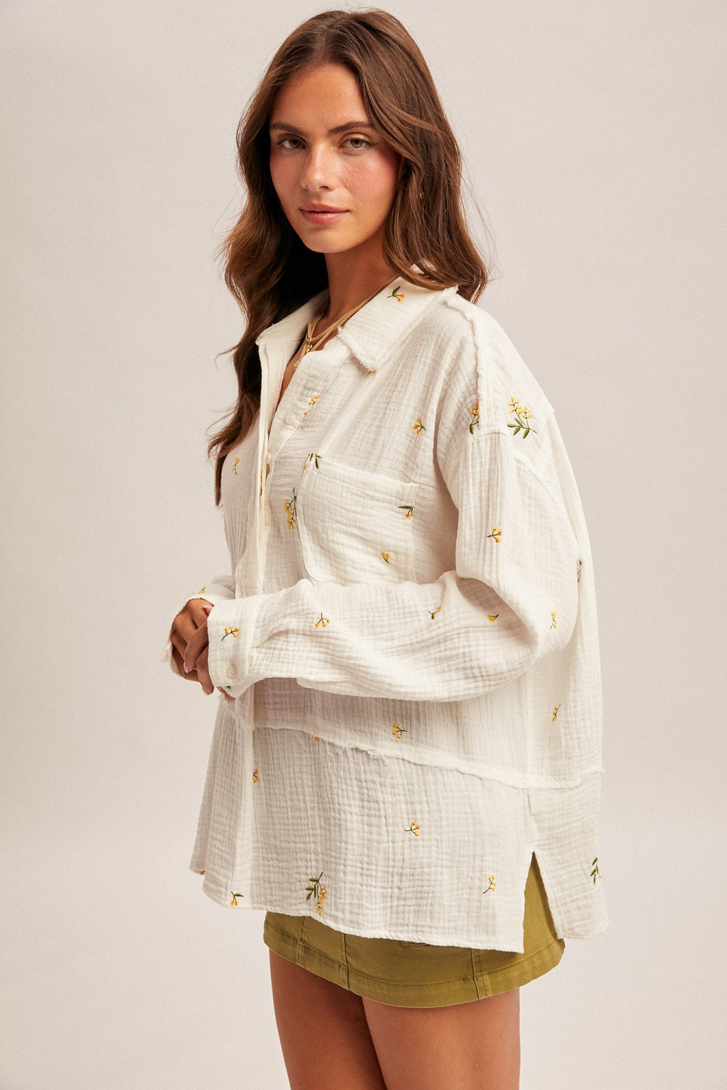 Embroidered Gauze Half Placket Shirt