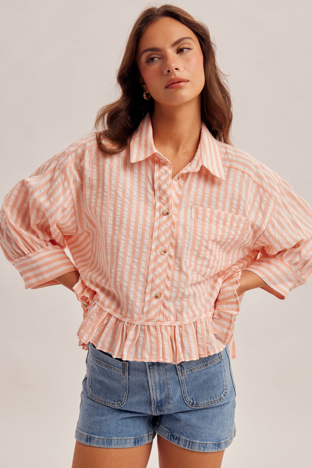 Ruffle Bottom Button Down Striped Shirt