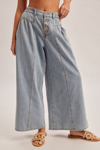Wide Leg with Five Buttons Denim Pants