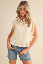 Striped Button Down Top With Scalloped Lace Trim