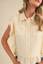 Striped Button Down Top With Scalloped Lace Trim
