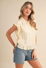 Striped Button Down Top With Scalloped Lace Trim