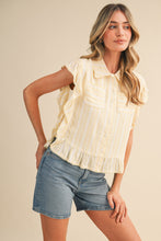 Striped Button Down Top With Scalloped Lace Trim