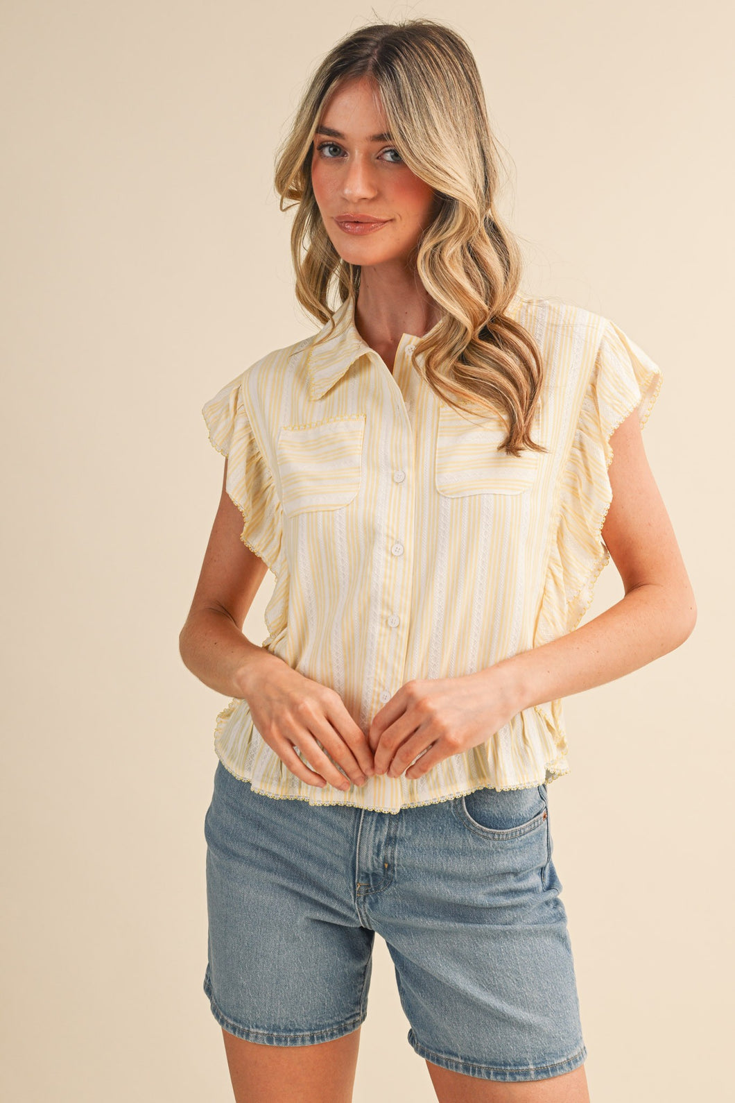 Striped Button Down Top With Scalloped Lace Trim