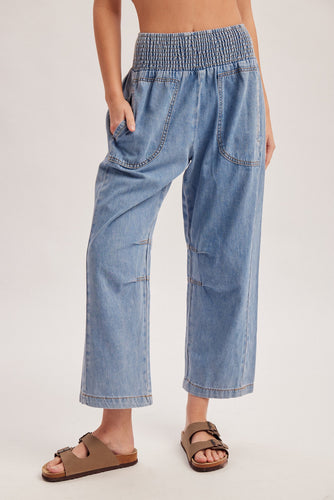 Smocked Waist Barrel Denim Pants