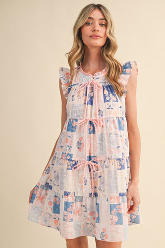 Floral Patch Print Tiered Mini Dress
