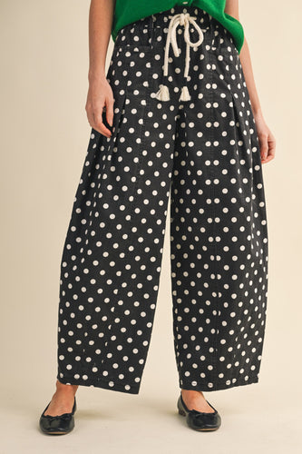 Polka Dot Pleated Barrel Pants in Black