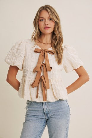 Garden Walk Bubble Textured Bow Front Babydoll Blouse