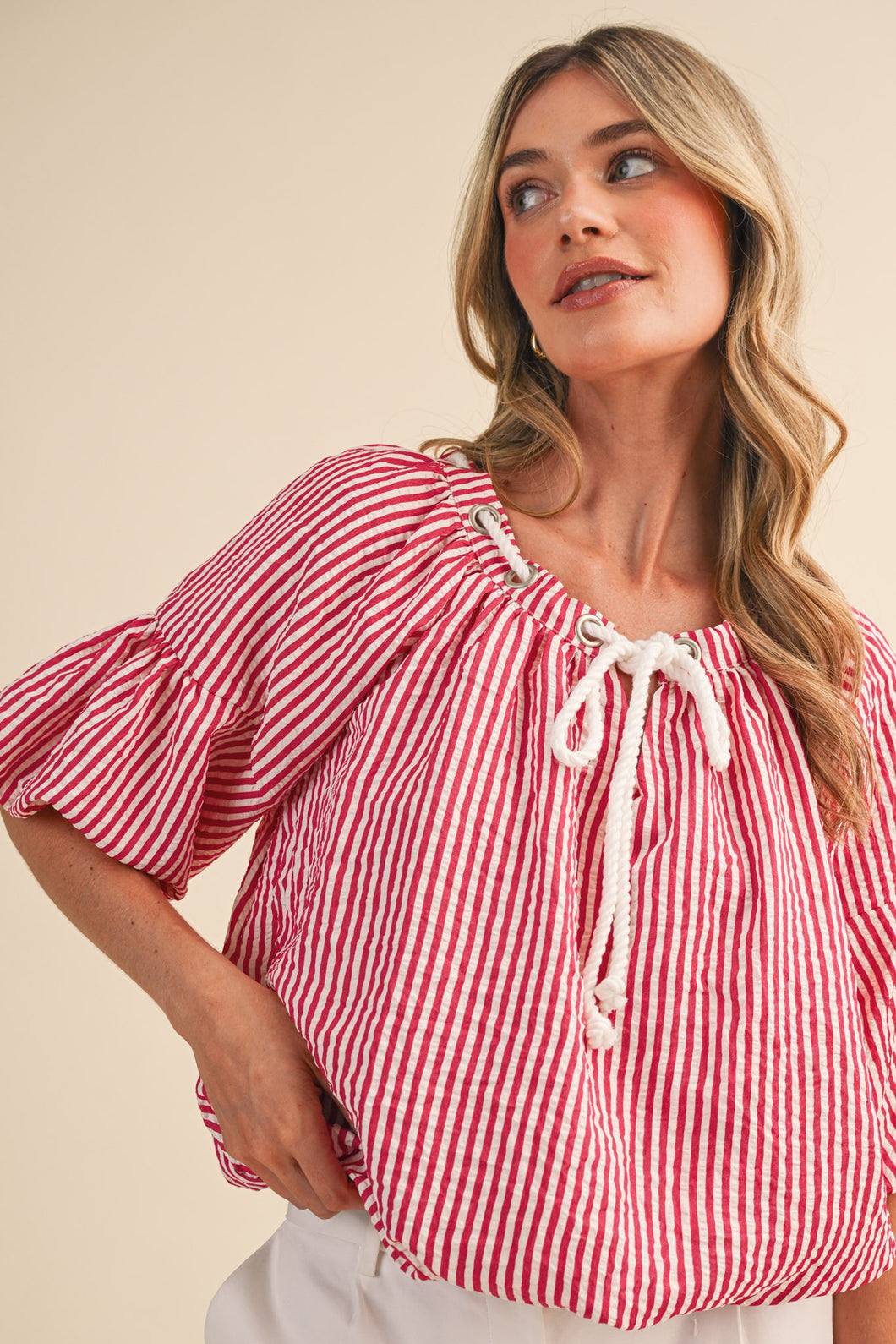 Striped Bubble Top With Grommet Neckline