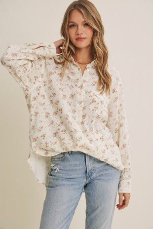 Soft Breeze Floral Cotton Gauze Button-down Shirt
