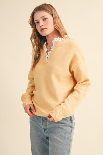 Ruffle Scalloped Lace Trim V-Neck Sweater