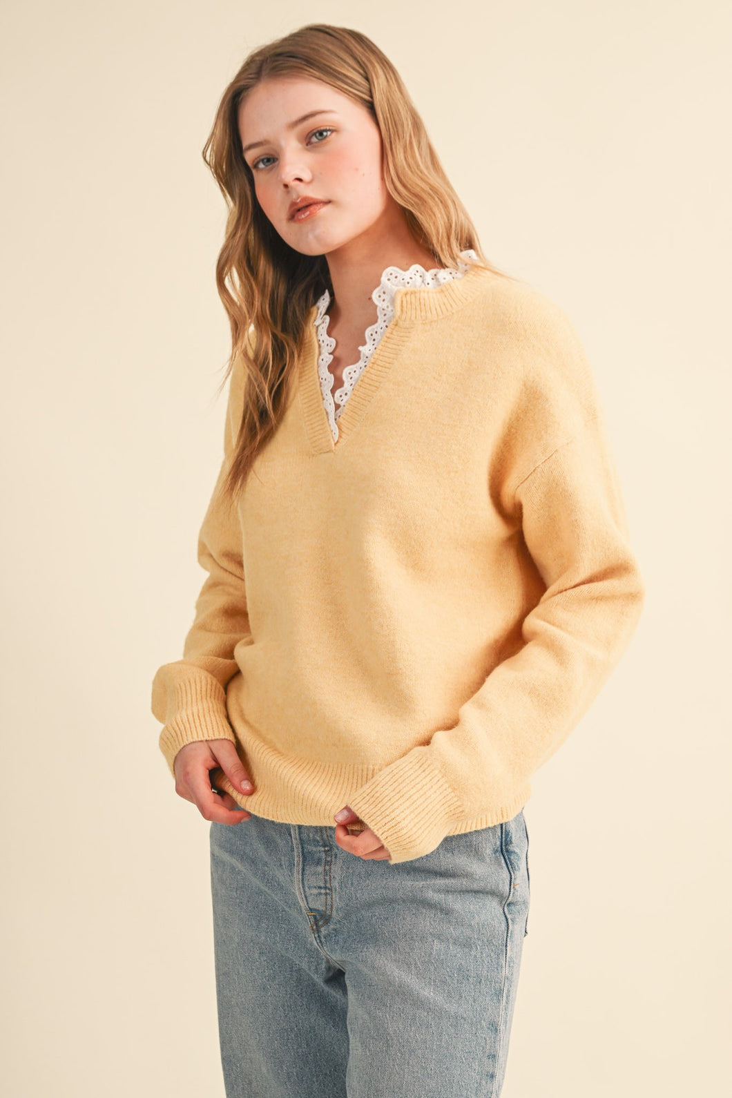 Ruffle Scalloped Lace Trim V-Neck Sweater