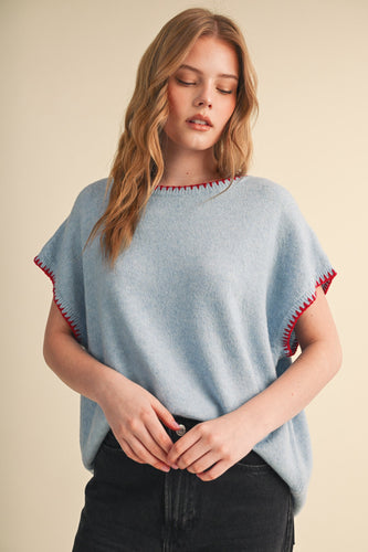 Cap Sleeve Blanket Stitch Sweater