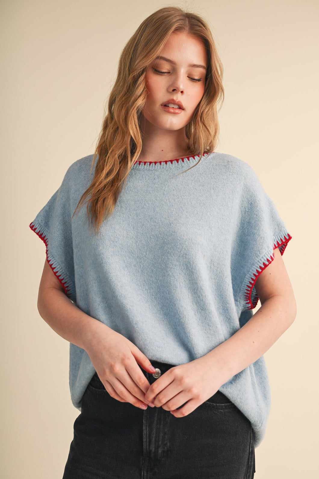 Cap Sleeve Blanket Stitch Sweater