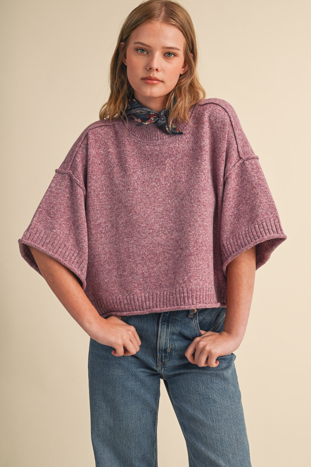Marled Knit Mock Neck Short Sleeve Sweater