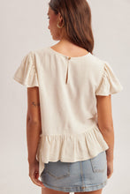 SCOOP NECK FLUTTER SLEEVE RIBBON TIE SIDE BUTTON BACK TOP