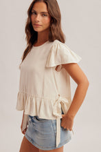 SCOOP NECK FLUTTER SLEEVE RIBBON TIE SIDE BUTTON BACK TOP