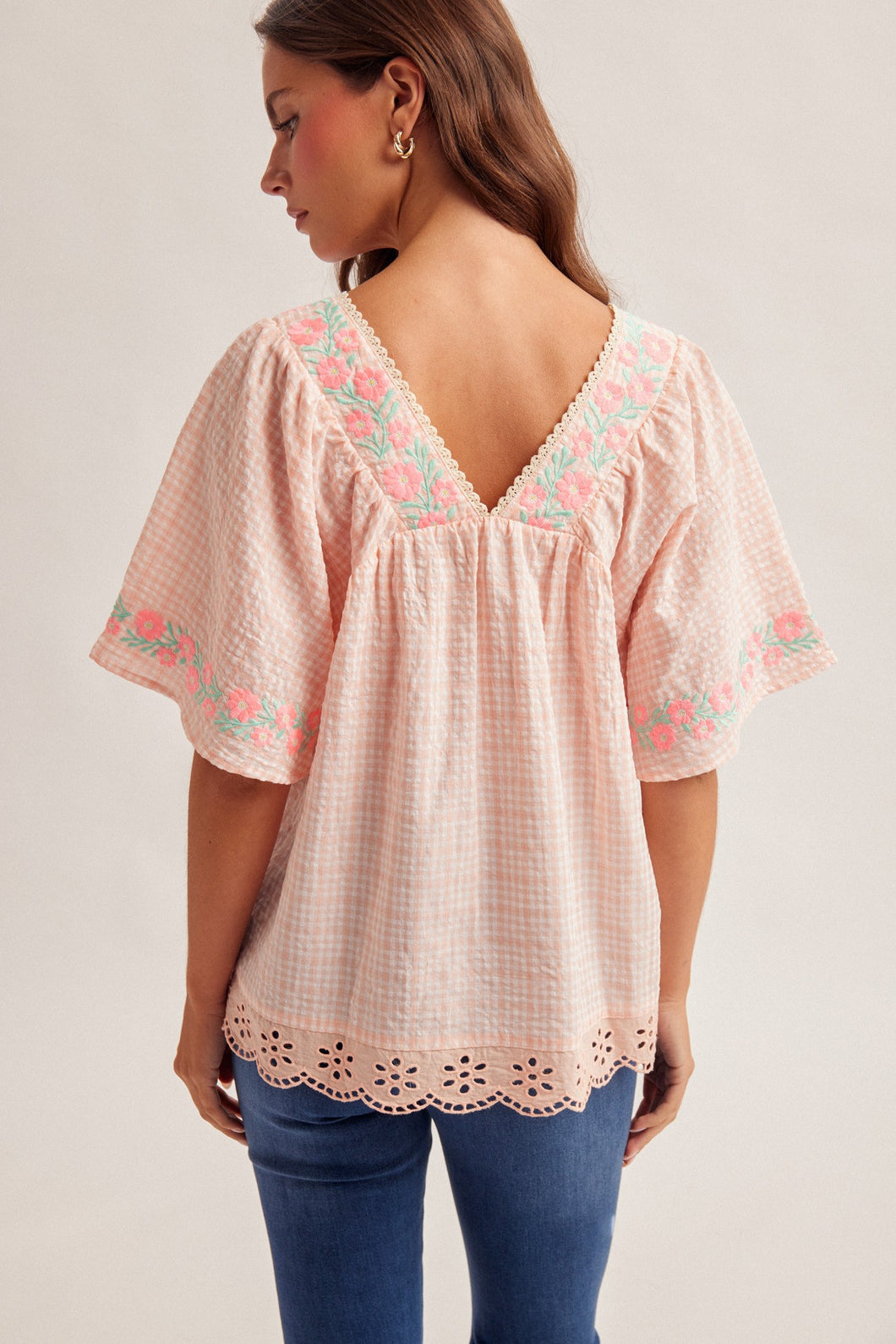 Floral Embroidered Crochet Detail Gingham Top