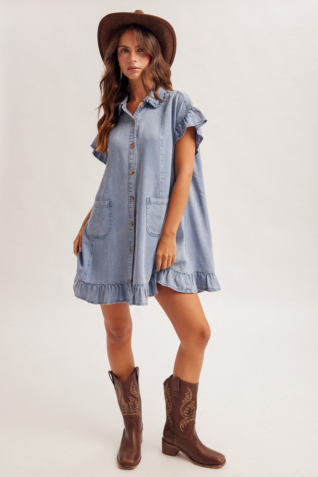 Ruffle Detail Short Sleeve Denim Shirt Dress