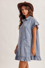 Ruffle Detail Short Sleeve Denim Shirt Dress