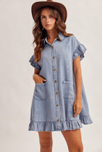 Ruffle Detail Short Sleeve Denim Shirt Dress