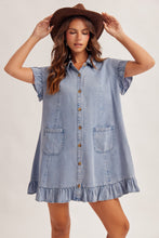 Ruffle Detail Short Sleeve Denim Shirt Dress