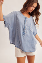 Ruffle Inserted Placket Dolman Sleeve Denim Top